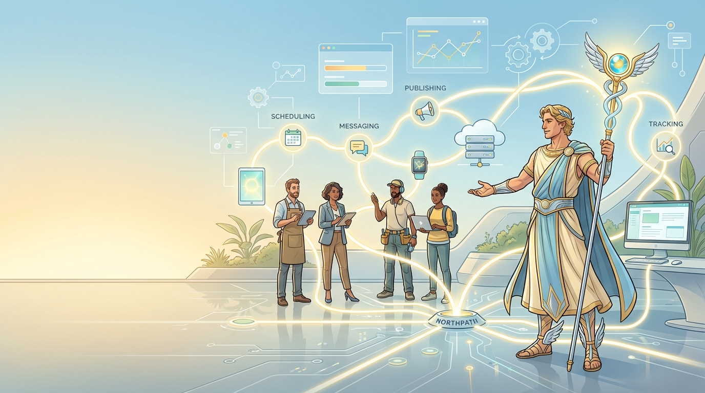 AI workflow automation for small business illustration Hermes guides small business operators through glowing workflow connections, symbolizing practical AI automation for solo businesses.
