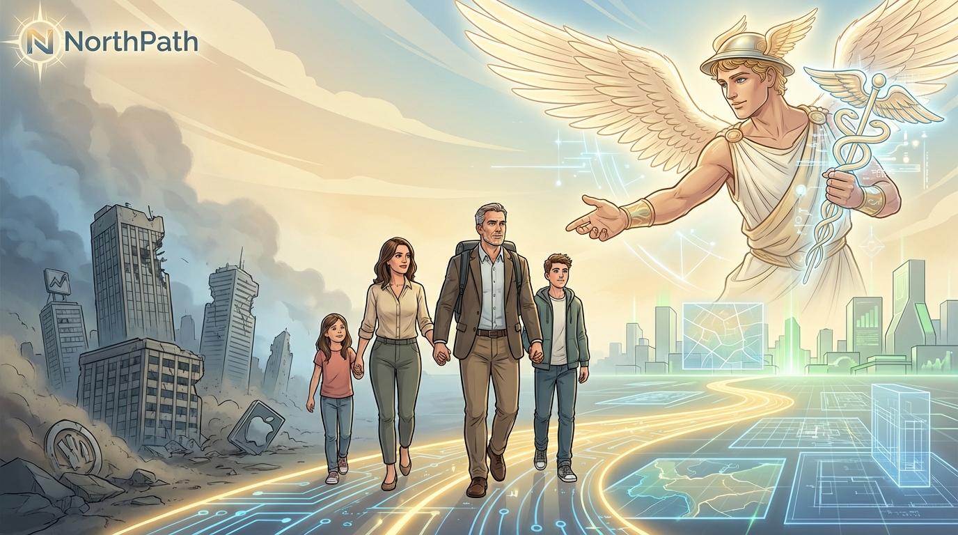 AI Survival Secrets One product image A bright mythic-tech scene showing a guided path toward income rebuilding and professional reinvention.