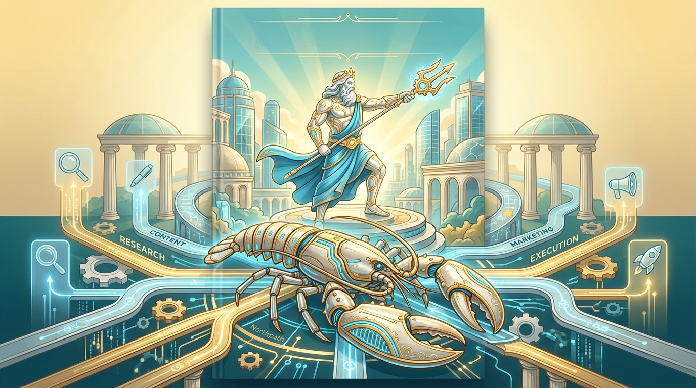 OpenClaw Playbook Two product image A bright Poseidon-led network scene representing specialized OpenClaw agent lanes for research, content, and marketing.